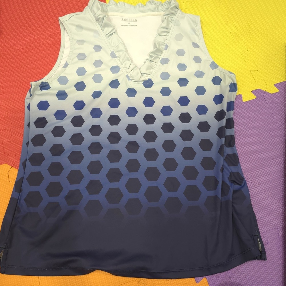 ACEGOLFS Women's Golf Tank Top Size M Blue Hex Ombre Ruffle V-Neck Sleeveless